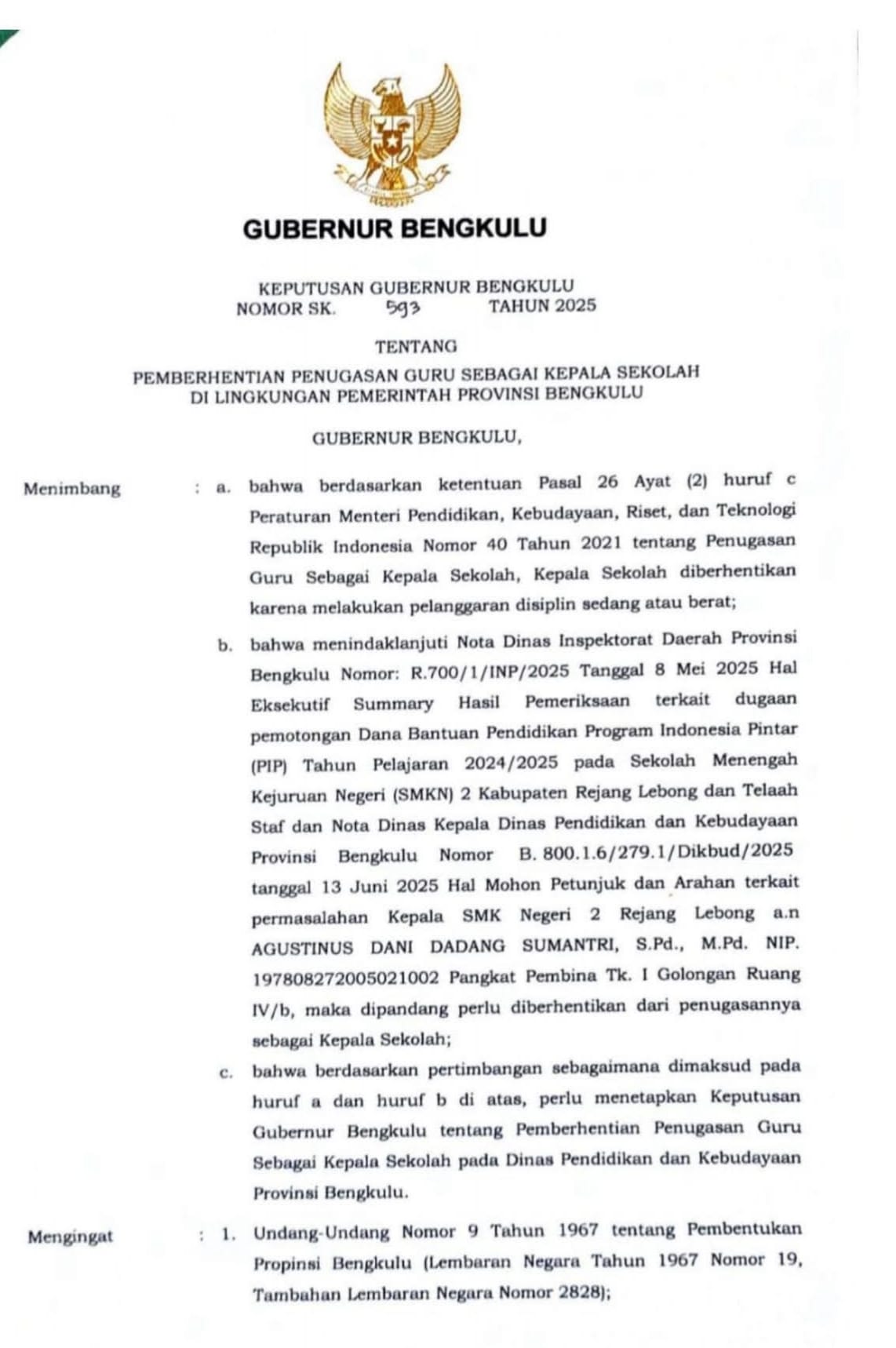 Gubernur Resmi Copot Kepala SMKN 2 Rejang Lebong